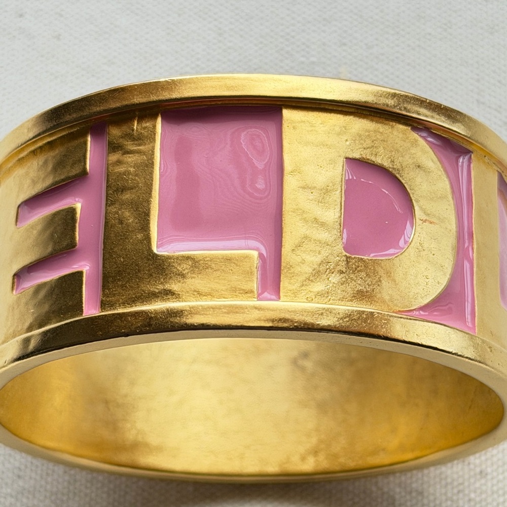 Karl Lagerfeld 80s Vintage Pink Enamel Gold Logo Letters Bangle Bracelet 8” - Picture 7 of 17